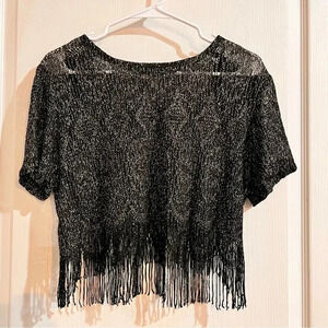 90s Black Silver Cropped Fringe Top